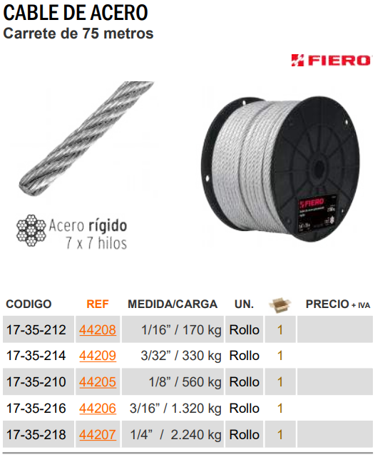 CABLE DE ACERO 3/16 (CARRETER 75M)